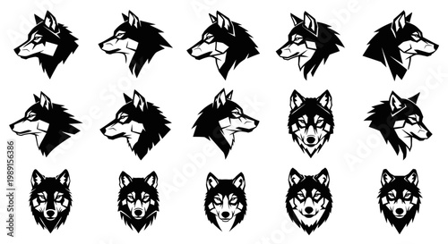 Collection of various wolf head silhouettes in different expressions and angles on white background