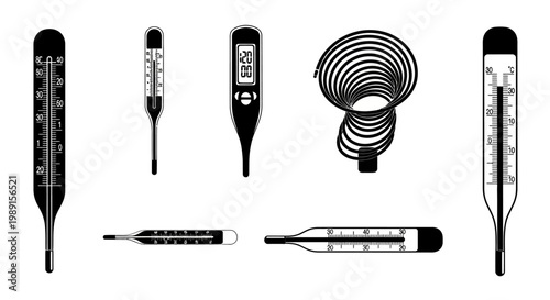 Various thermometers and temperature gauges on a white background for medical and industrial use