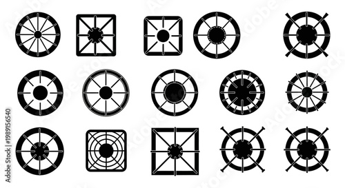 Collection of various black geometric wheel and compass navigation icons on white background for design and navigation purposes
