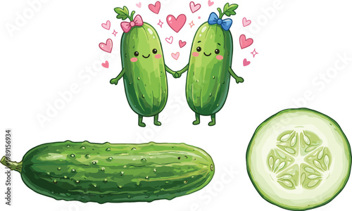 Cute Cucumber Character Illustration with Whole and Slice Vegetable in Cartoon Style Featuring Happy Couple Concept for Food Design, Healthy Lifestyle, and Kids Graphics