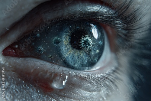 Hyper-realistic illustration of a fearful eye with virus-like reflections in the iris
