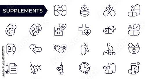 Supplements and Vitamins Line Icon Set for Nutrition, Health Care, Capsules, Pills, Protein, Wellness and Dietary Support Outline Vector Collection