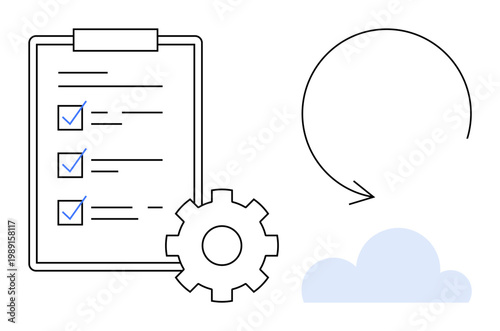 Cloud computing, workflow automation, task organization, business operations, data management, productivity. A checklist, gear cloud and circular arrow. s workflow automation and task organization