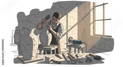 Sculptor carving a vase with tools in a workshop traditional craft and artistry concept detailed illustration