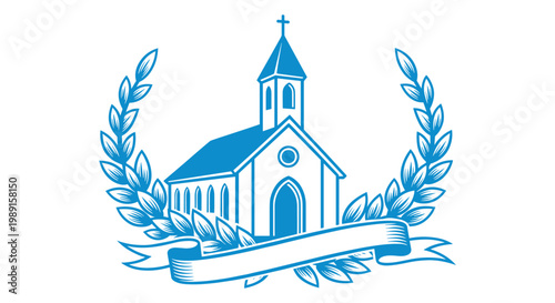 Illustration of a quaint church surrounded by laurel wreaths and a banner, vintage style