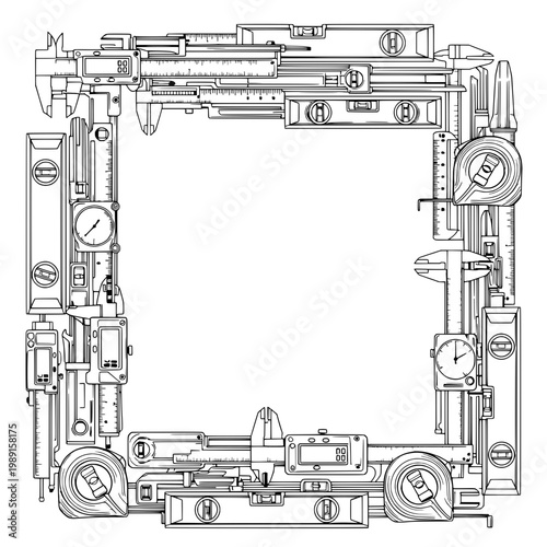 Mechanical parts form a square frame with various industrial components.