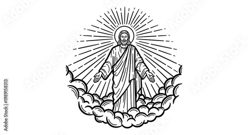 Detailed illustration of a divine figure standing on clouds with radiant light beams, religious art