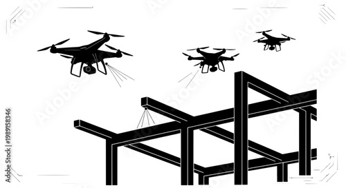 Drones fly around industrial metal structure