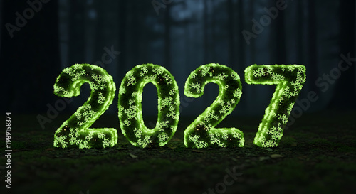 Glowing green 2027 text with floral pattern in dark forest