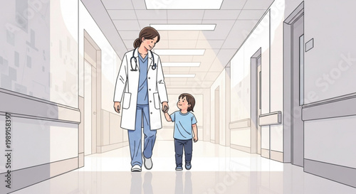 Doctor walking with child in hospital hallway illustration of care and medical support concept for healthcare 