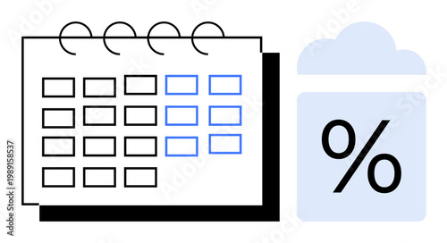 Business planning, project management, deadlines, productivity, financial analysis, savings strategy. A calendar and percentage symbol. Business planning and project management concept