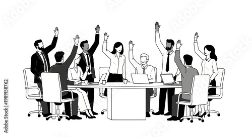 Business Meeting: Diverse Team Raising Hands in Agreement at Conference Table