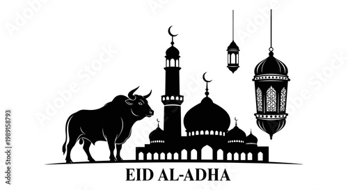 Silhouette of bull and mosque with lanterns for Eid Al Adha celebration