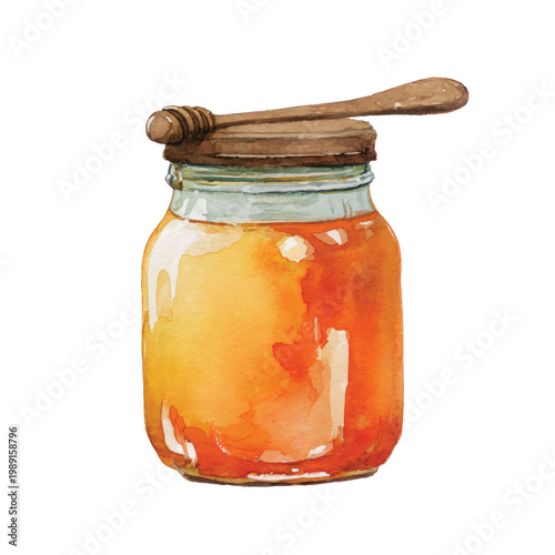 Glass jar of golden honey.