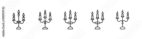 Classic candelabrum and candle holder web line icons set featuring vintage triple candle stand decorative burning wax lights for interior decor Vector Illustration with editable stroke