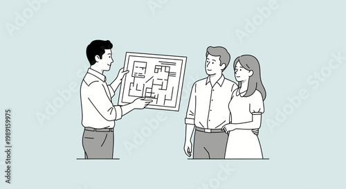 Businessman showing plan to couple.