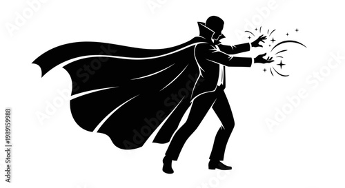 Silhouette of a magician in a cape performing a magic trick with sparks, wizard casting a supernatural spell vector illustration.