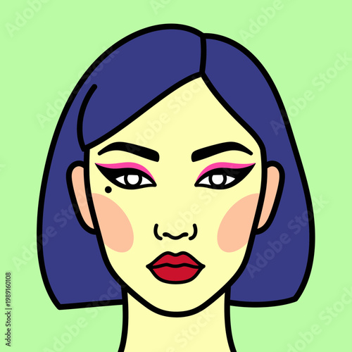 Minimalist Pop Art Vector Illustration of a Young Woman with Blue Bob Hair, Winged Eyeliner, and Red Lips on a Green Background