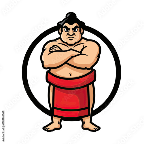 Sumo Wrestler Vector Mascot Character in Traditional Red Mawashi with Crossed Arms