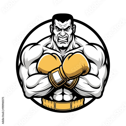 Muscular Boxer Mascot Vector Illustration with Crossed Arms and Angry Expression Wearing Yellow Gloves