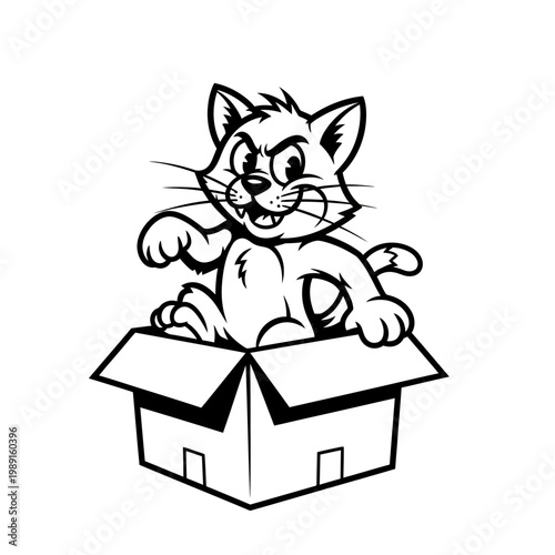 Grumpy Cartoon Cat Jumping Out of a Cardboard Box Vector Illustration, Mischievous Feline Character Line Art