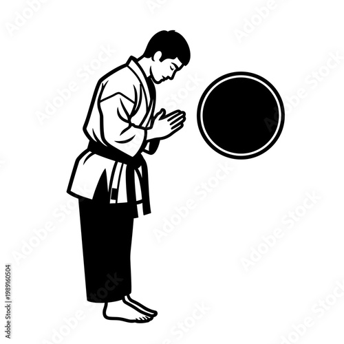 Karate Martial Artist Bowing in Respectful Pose Vector Illustration Black Belt Sensei