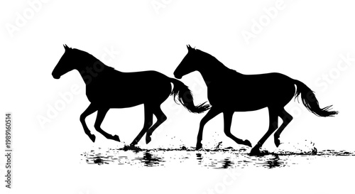 Three galloping black horses running in a line across a field