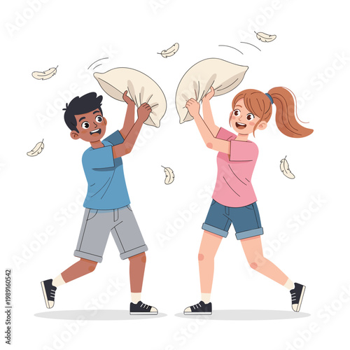 Teenagers having fun in a pillow fight indoors with smiles  