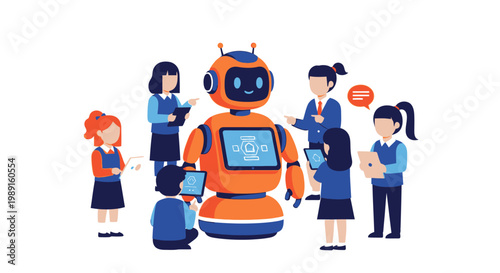 Robot with school children group.