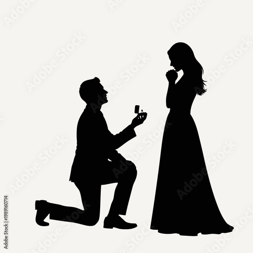Silhouette of a man on one knee proposing to a woman with an engagement ring, romantic proposal scene for wedding and marriage concept