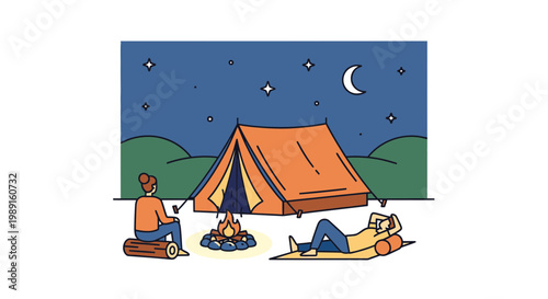 Young couple relaxing by a campfire near a tent under a starry night sky while camping in nature