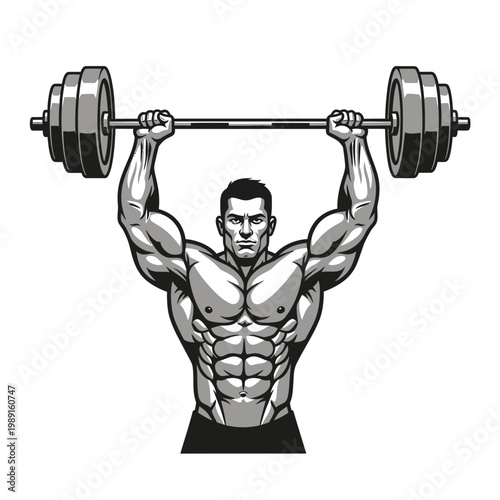 Strong Bodybuilder Lifting Heavy Barbell Overhead, Vector Illustration of Powerful Weightlifter Mascot for Gym and Fitness Branding
