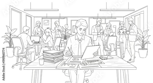 Busy Office Environment with People Working at Desks and Stacks of Paper