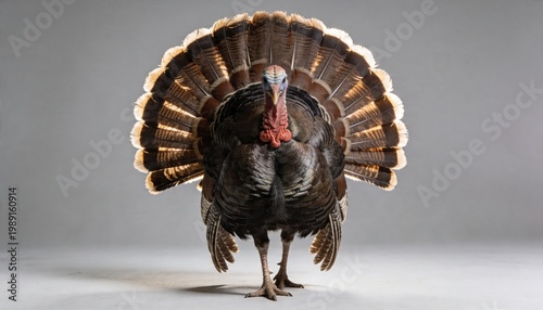 A male wild turkey displays its fanned tail feathers in a full frontal view against a neutral gray background