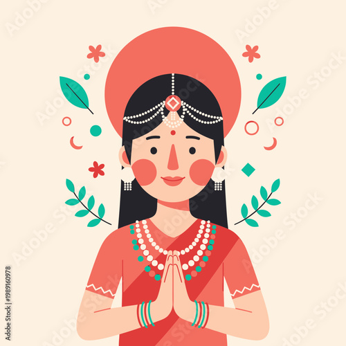 Beautiful Indian Woman in Traditional Red Saree Performing Namaste Greeting Gesture, Cultural Vector Illustration