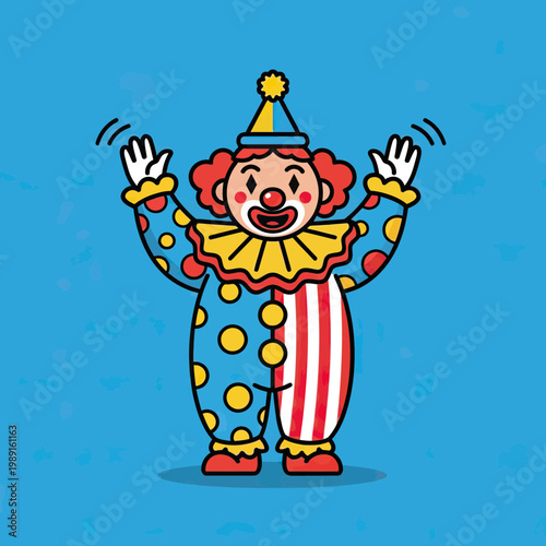 Happy Cartoon Clown Character Waving Hands in Colorful Costume and Red Nose on Blue Background