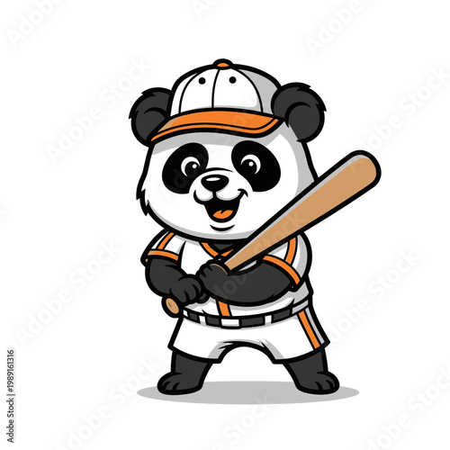 Cute Cartoon Panda Baseball Player Holding a Bat Wearing Team Uniform Mascot Illustration