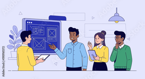 Four people discussing a project.