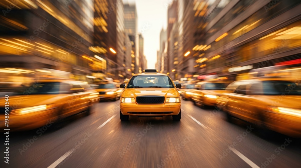 Fototapeta premium Dynamic Motion Blur of Yellow Taxis on a Busy City Street at Dusk.