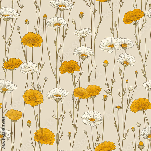 Illustrated pattern of white and yellow daisies with green stems on a beige background.