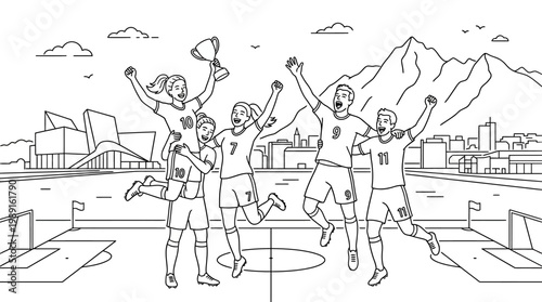 Soccer Team Celebrates Victory with Trophy and Joyful Expressions.