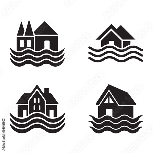 Black and white icons of houses in flood water with wavy lines  four different types of flooded homes with roofs and windows  no people