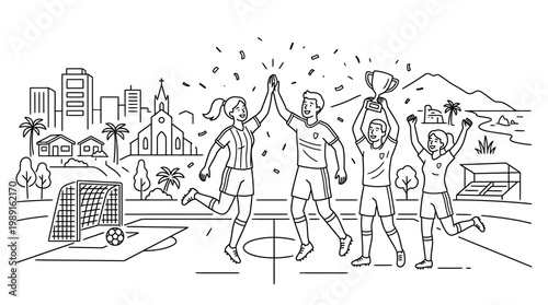 Soccer Team Celebrates Victory with Trophy and Joyful High Fives.