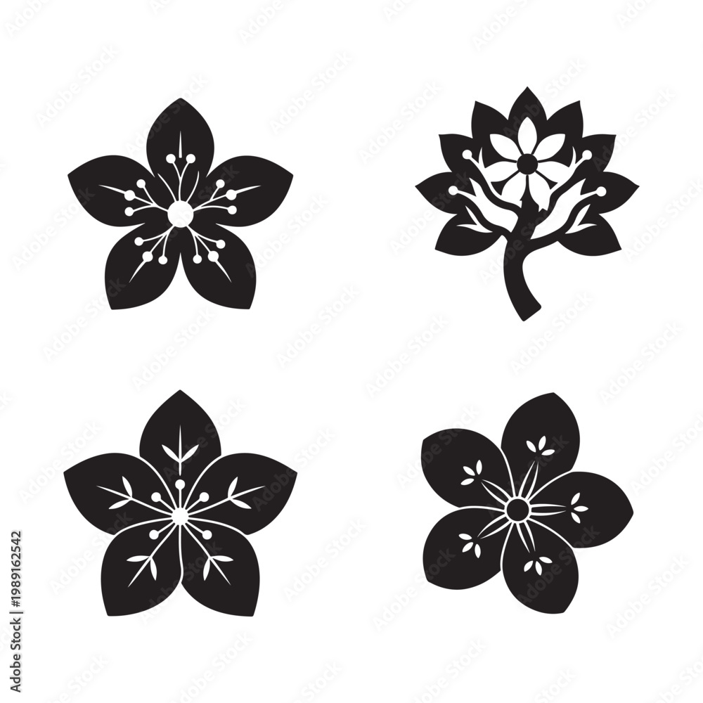 Obraz premium Black and white illustrations of various flowers and a tree with stylized leaves and petals in a minimalist design style simple line art for graphic design or decoration