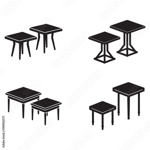 Black and white illustrations of various table and stool sets for furniture design and interior decoration ideas  simple modern minimalist style