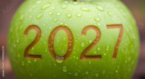 Green apple with 2027 carved into it fruit healthy