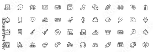 Eighties icon set. 80s retro vector collection. Includes symbols for computer, walkman, cassette, vinyl, disco ball, arcade games, rubik's cube, roller skate and more.