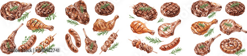 Collection of six various grilled meat items including steak beef burger patty and chicken leg with rosemary garnish. Watercolor isolated on white
