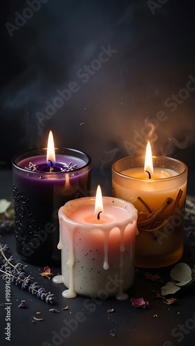 Three Lit Scented Candles In Glass Holders With Dried Herbs And Lavender On Dark Background