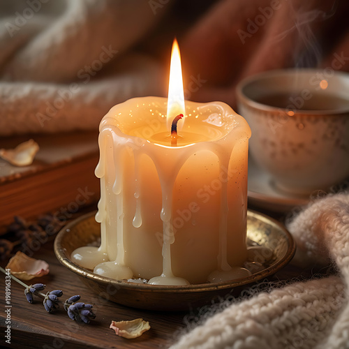 Lit Cream Candle With Dripping Wax Beside Cup Of Tea And Lavender On Wooden Tray